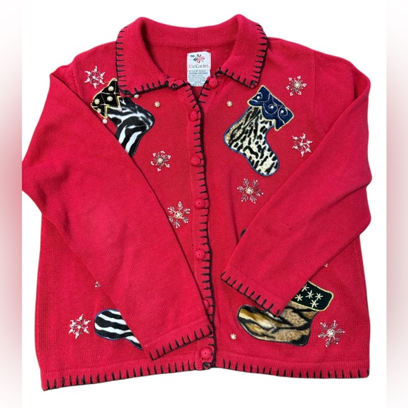 Vintage Nutcracker Christmas Cardigan Sweater Red Animal Print Stockings medium - Picture 1 of 16